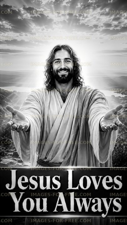 Jesus welcomes with open arms in a scenic landscape