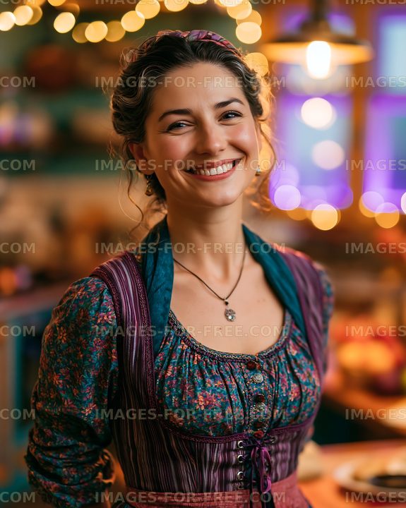 Smiling woman in traditional clothing stands in a cozy kitchen