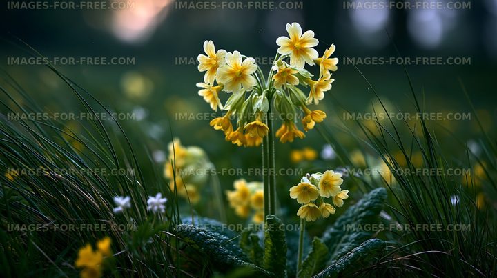 Yellow wildflowers bloom in a field during evening light
