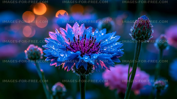 Blue flower with dew at dusk