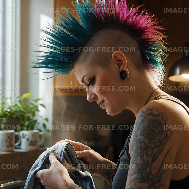 Woman with punk hairstyle preparing food in kitchen
