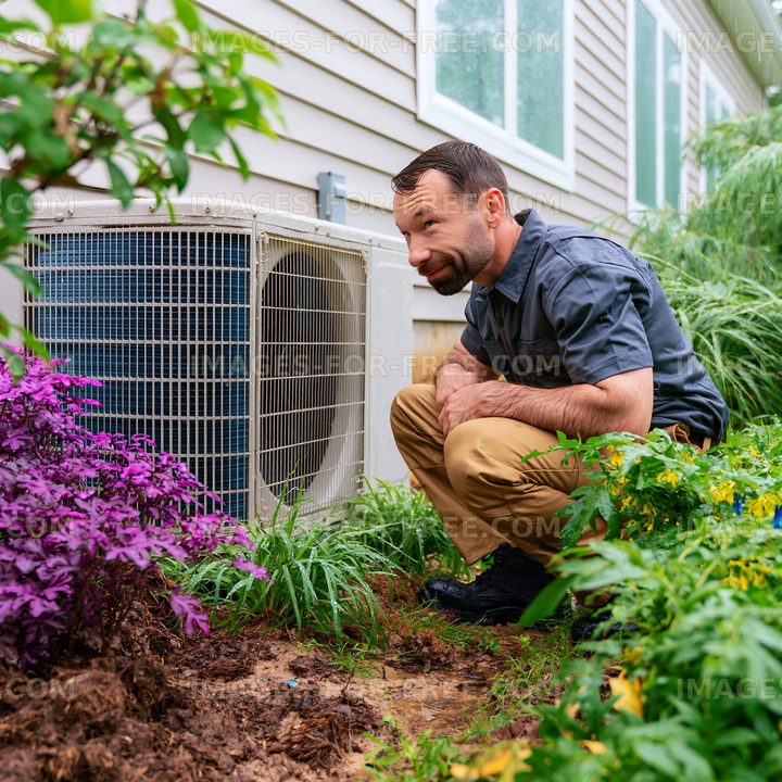 Maintenance worker examines air conditioning unit in garden