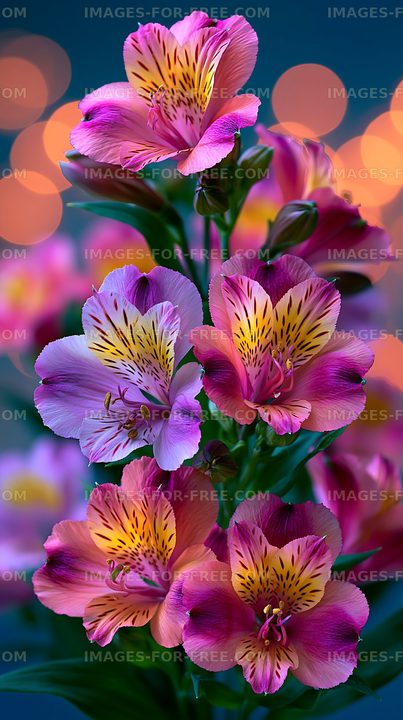 Colorful Alstroemeria flowers with blurred lights in background