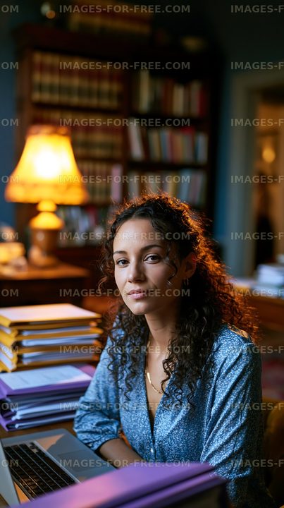 Woman sitting at desk in library with laptop and files