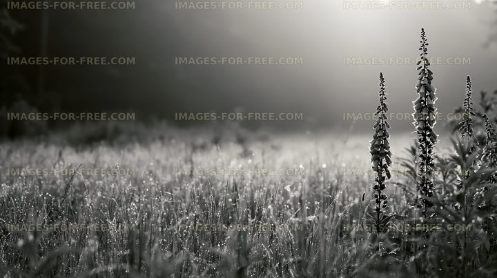 Foggy forest field with tall plants in early morning light
