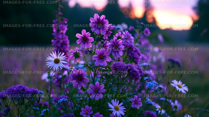 Colorful wildflowers bloom during sunset in a field