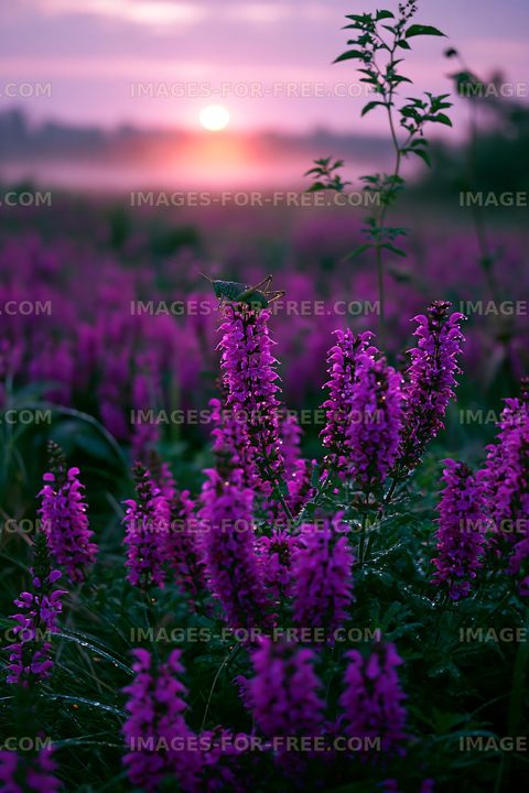 Colorful flowers bloom during sunrise in a tranquil field