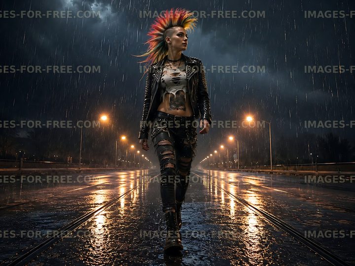 Woman with mohawk hairstyle walking in the rain at night