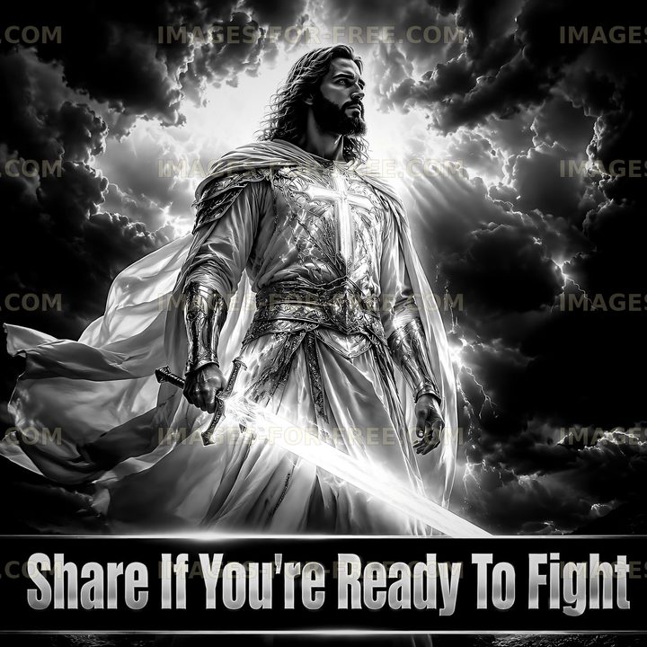 Person holding sword in dramatic lighting against stormy sky