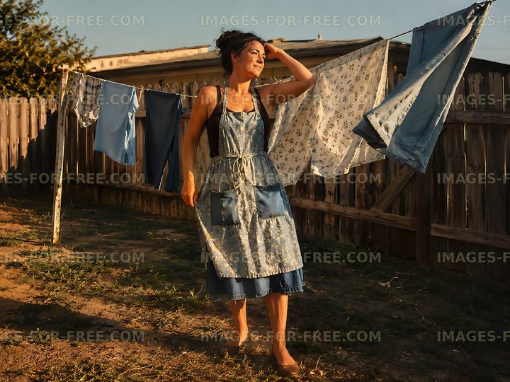 Woman hanging laundry on a clothesline in a rural setting