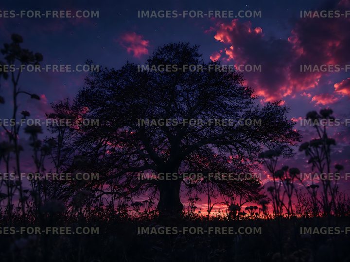 Sunset behind a large tree with flowers in the foreground