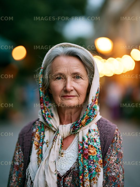 Elderly woman wearing a headscarf stands outdoors at night