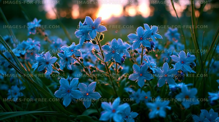 Blue flowers bloom in a field at sunset