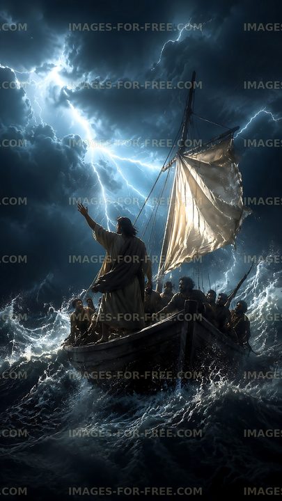 Stormy sea with figures in a boat and lightning in the sky