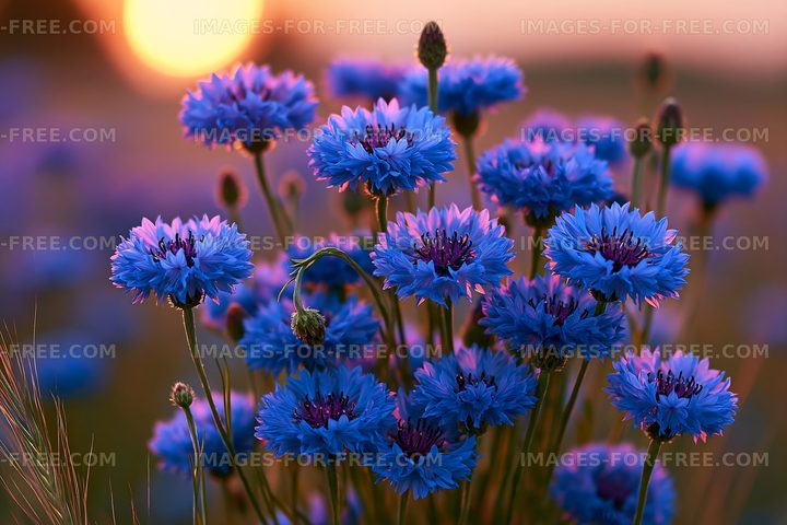 Blue flowers at sunset in a field