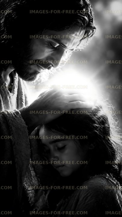 Emotional moment between a man and a girl in soft lighting