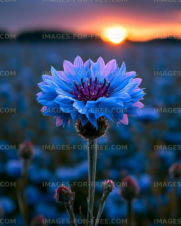 Blue flower at sunset in a field