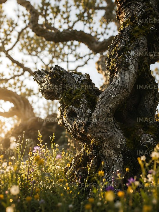 Twisted tree trunk with flowers under warm sunlight