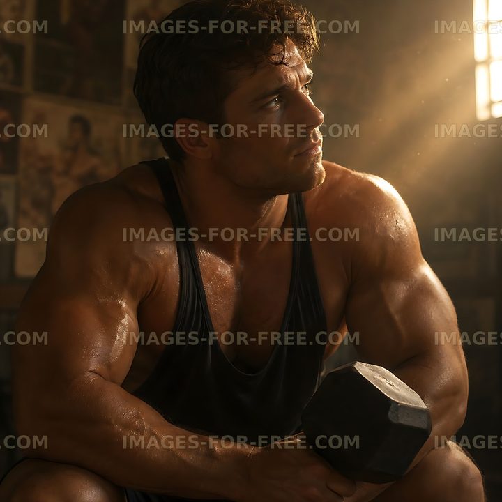 Man exercising with dumbbell in a gym during golden hour