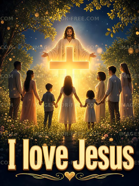 Group of people holding hands around a glowing cross at night