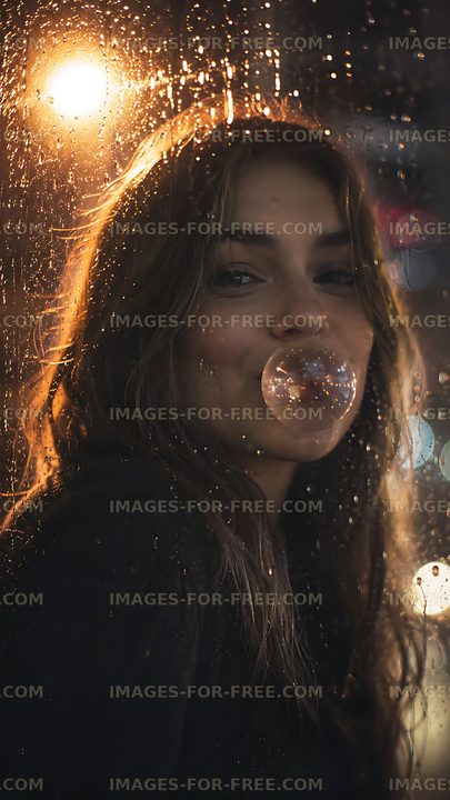 Woman blowing bubble gum near a rain-soaked window at night