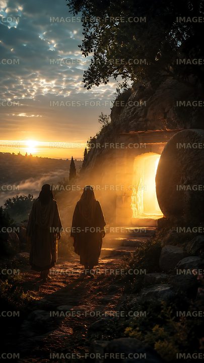 Two figures walking towards a stone entrance at sunset
