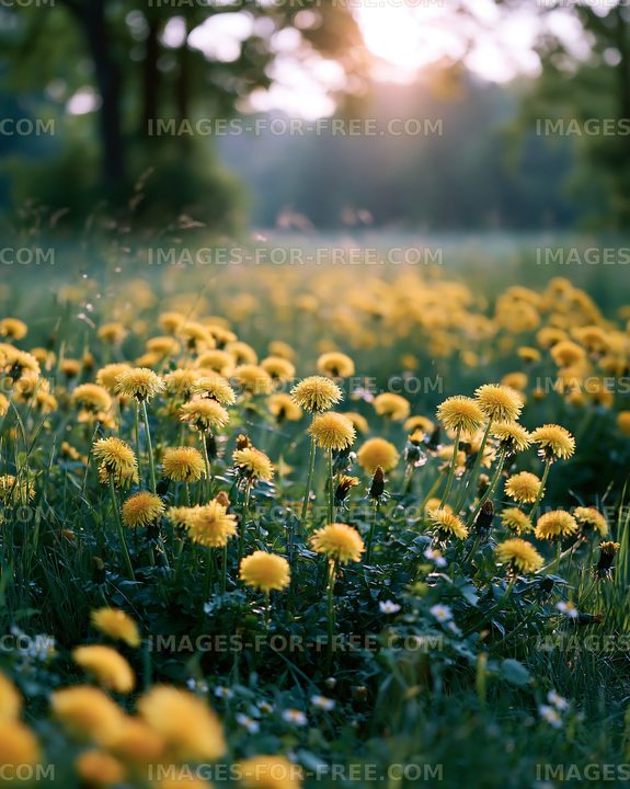 Dandelion field during sunset in a green meadow