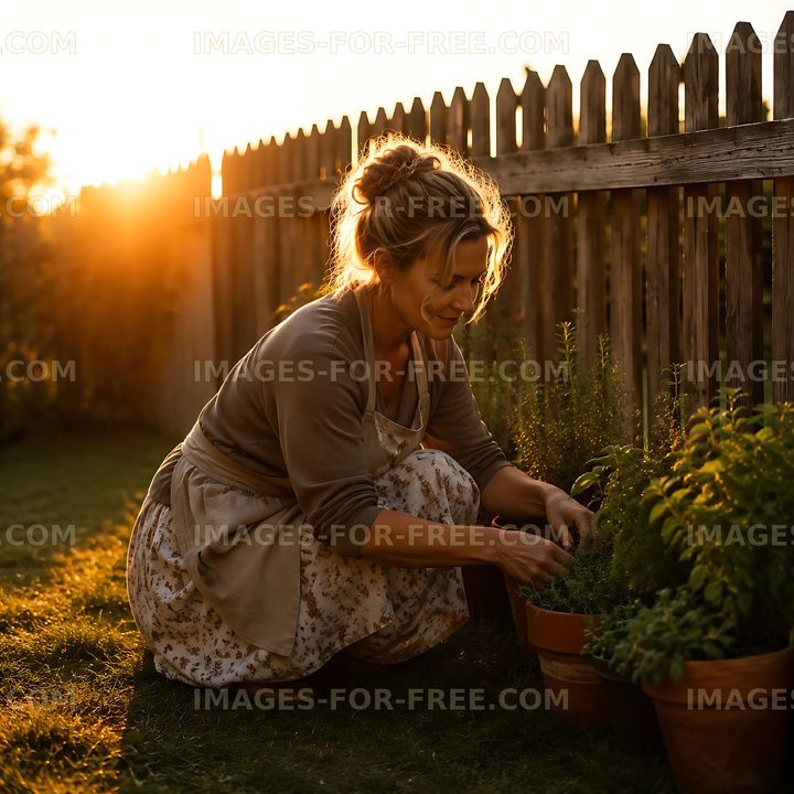 Gardener tending to plants at sunset in backyard