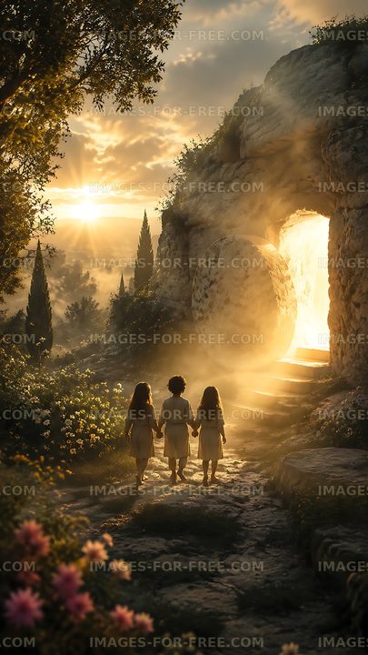 Children walking towards a glowing entrance on a path at sunset