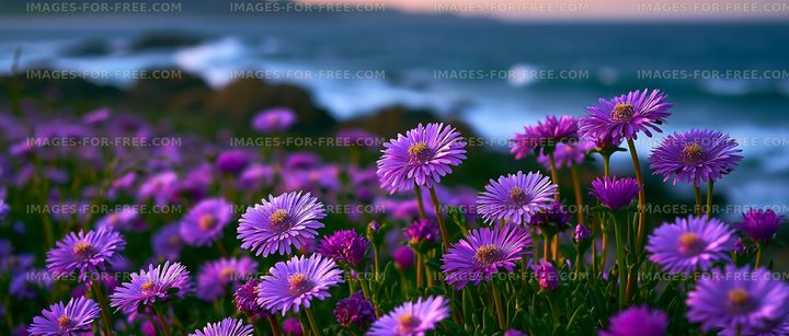 Flower field by the ocean at sunset