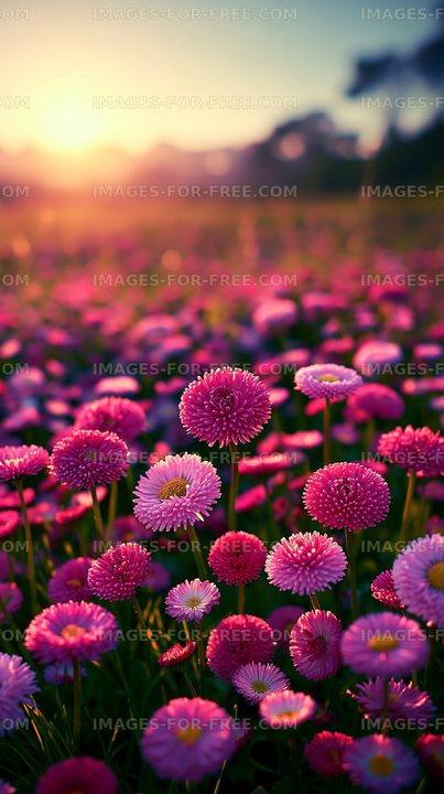 Field of colorful daisies at sunset