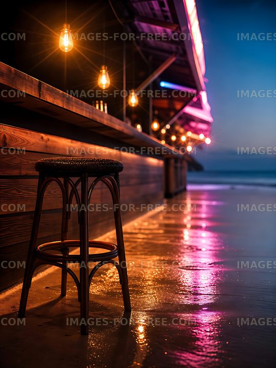Cozy bar stool by the beach at sunset with glowing lights