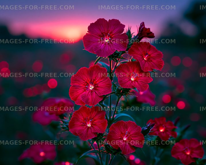 Bright red flowers against a sunset sky