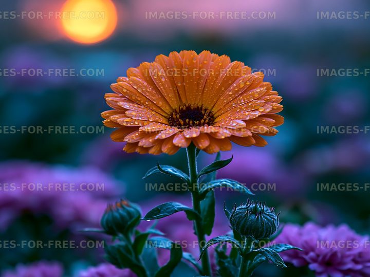 Orange flower with dew at sunset in a garden