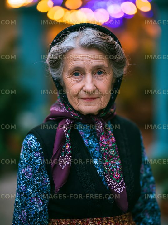 Elderly woman in traditional attire with colorful bokeh lights