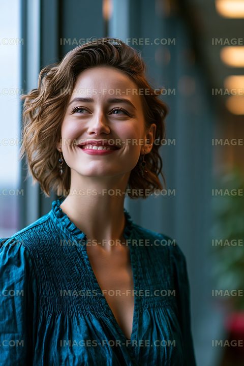 Woman smiling indoors near large window