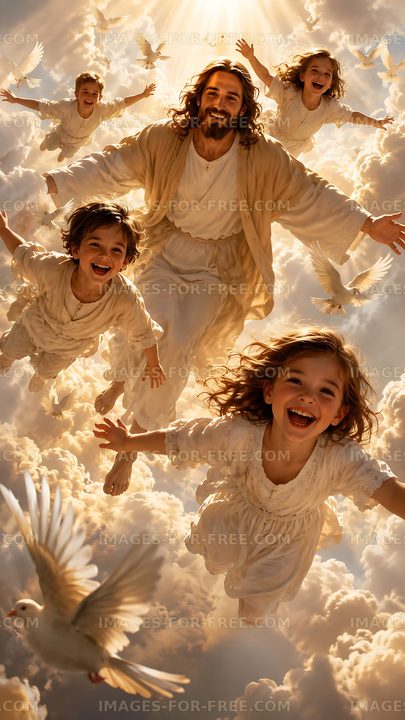 Jesus with children in clouds