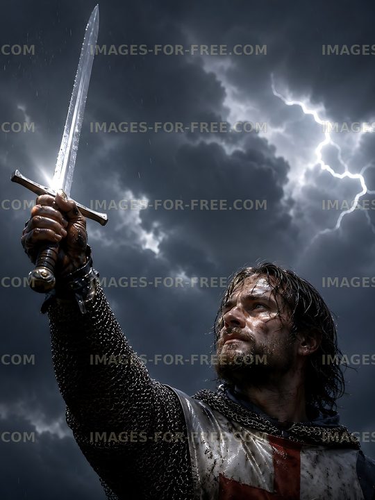 Knight holding sword under stormy sky