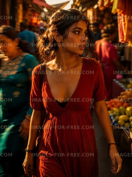 Woman walking through a busy market in warm lighting