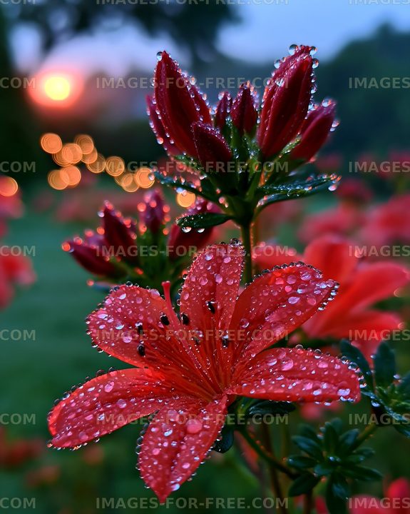 Red flowers with water droplets at sunset in a garden