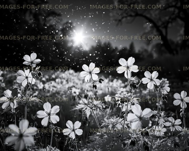 Flowers bloom in sunlight with falling pollen in a field