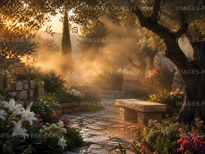 Sunlight filters through trees in garden path