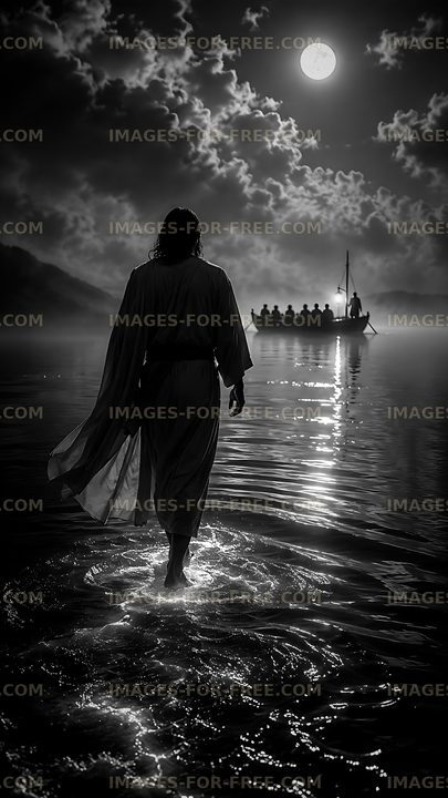 Walking on water under the moonlight with a boat in the background