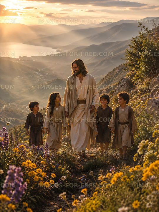 Walking among children in a field at sunset