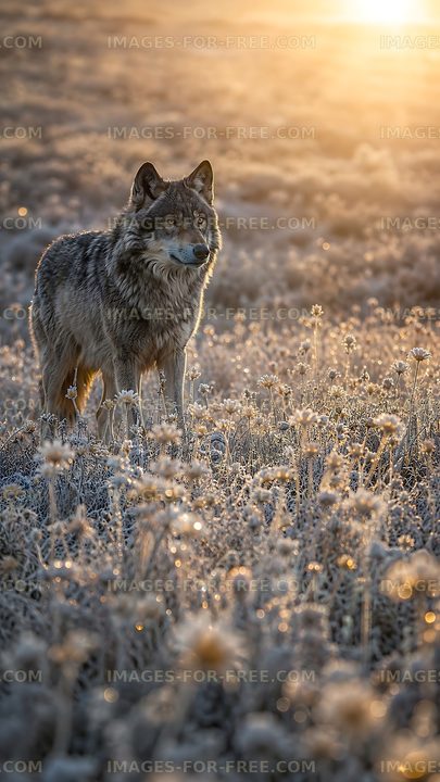 Wolf standing in a field during sunset