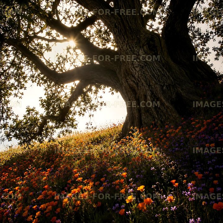 Sunlight filters through tree branches over wildflowers
