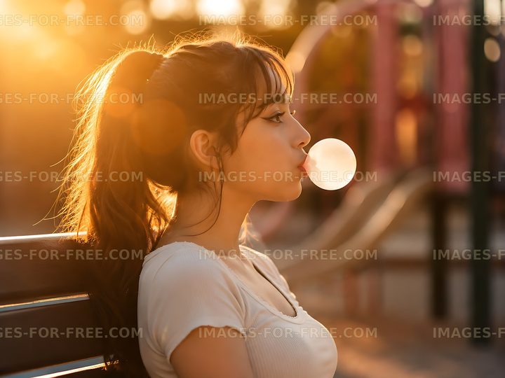 Young woman blowing bubble gum at playground during sunset