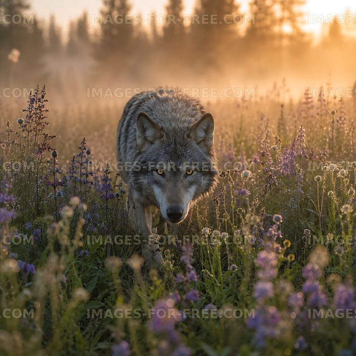 Wolf walking through wildflowers at sunrise