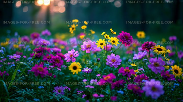 Colorful flower garden at sunset with various blooms