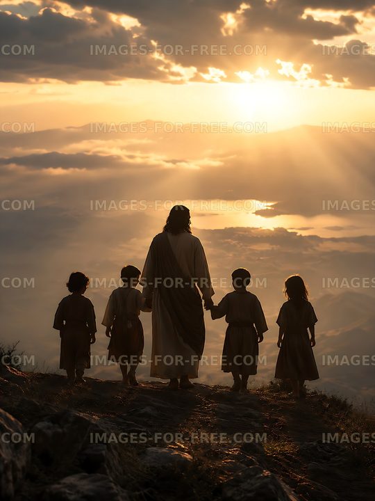 Sunset scene with a figure and children on a mountain
